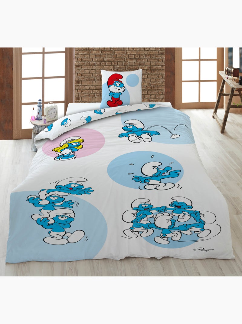 Ropa de Cama Infantil Los Pitufos 140x200 cm + Funda 65x65 cm Algodón-Poliéster Beige/Blanco - Kiabi