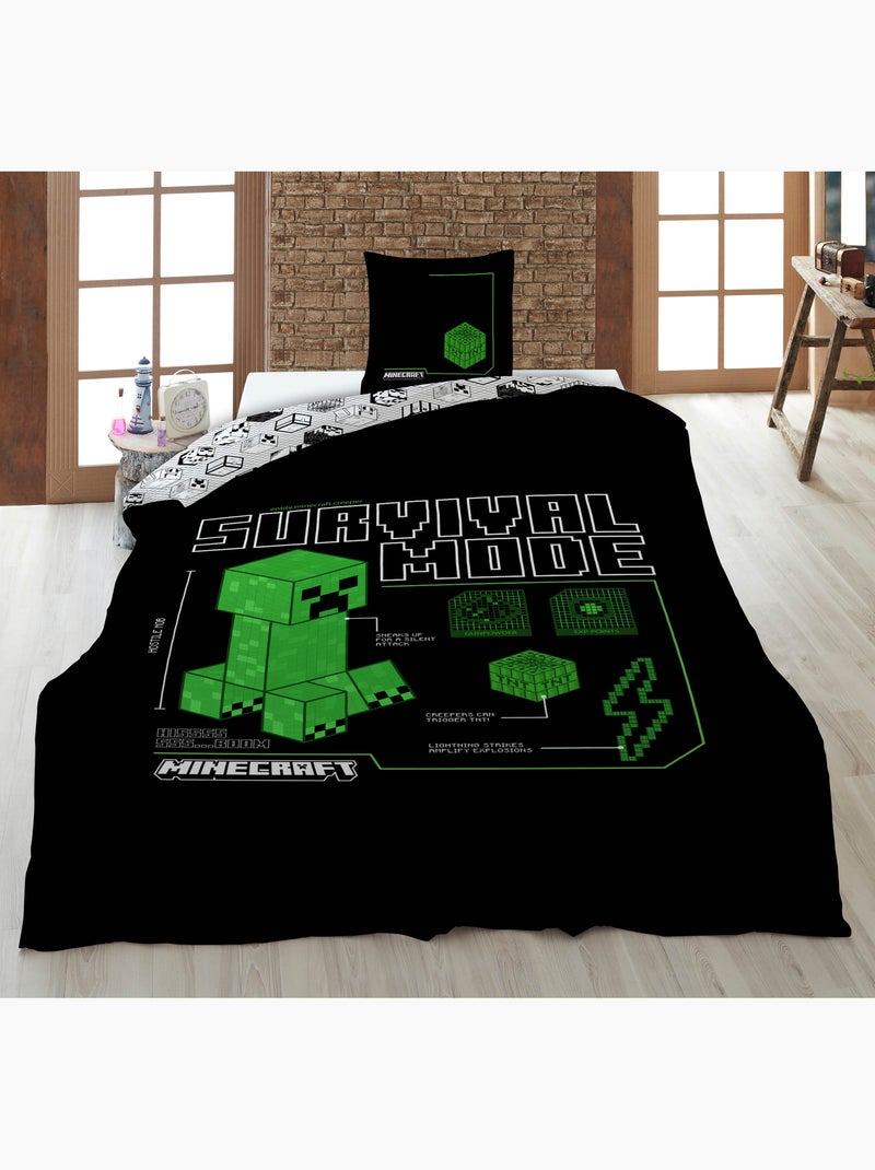 Ropa de Cama Infantil Minecraft Survival Mode 140x200 cm + Funda 63x63 cm 100% Poliéster Reversible Beige/Negro - Kiabi
