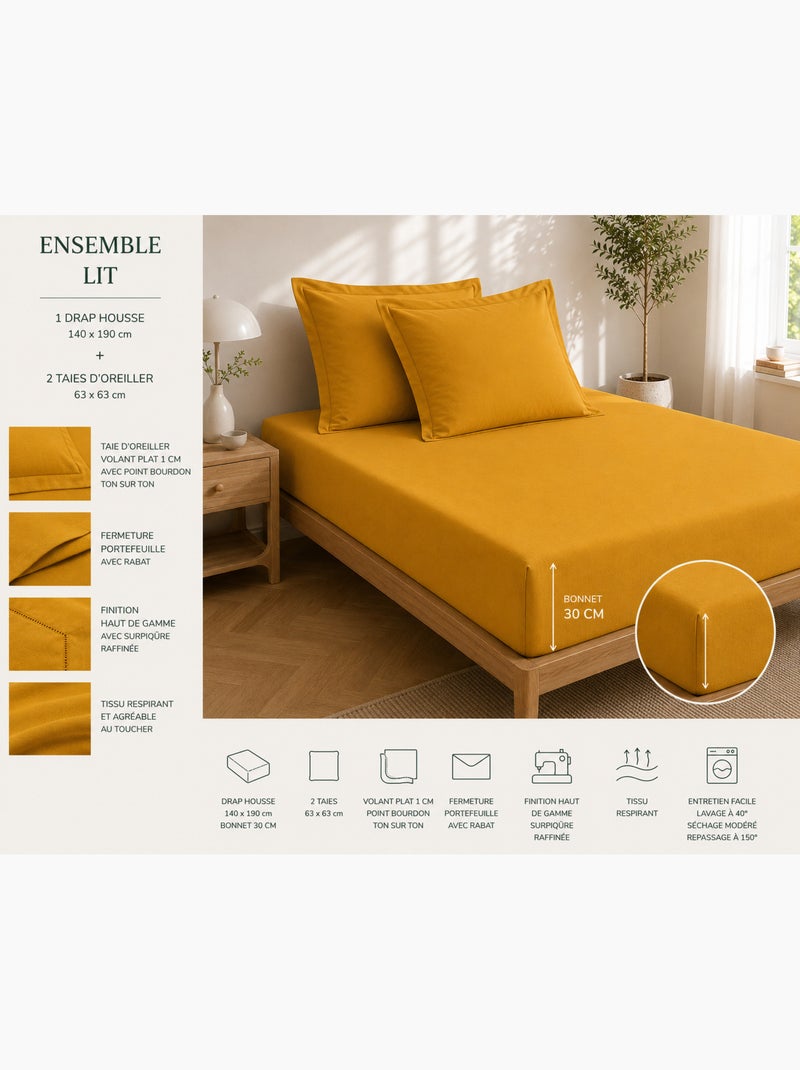Sábana bajera calidad hotel + 2 fundas de almohada de percal 78 hilos Ocre - Kiabi