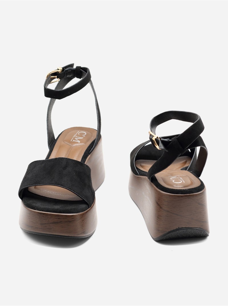 Sandalia con cuña, tiras y hebilla Negro - Kiabi