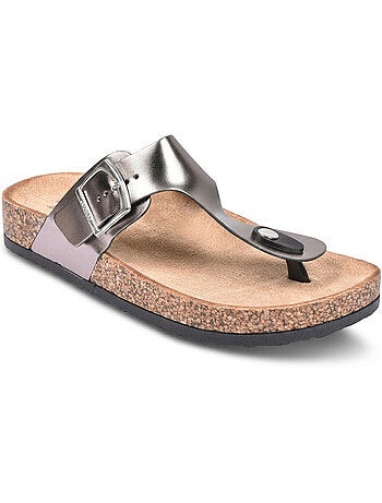 Sandalias Chancla Tira OZABI Nubuck Camel Plata Bronce