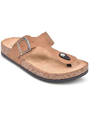 Sandalias Chancla Tira OZABI Nubuck Camel Plata Bronce