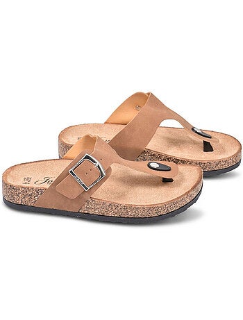 Sandalias Chancla Tira OZABI Nubuck Camel Plata Bronce