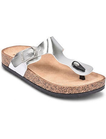 Sandalias Chancla Tira OZABI Nubuck Camel Plata Bronce