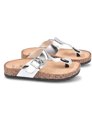 Sandalias Chancla Tira OZABI Nubuck Camel Plata Bronce