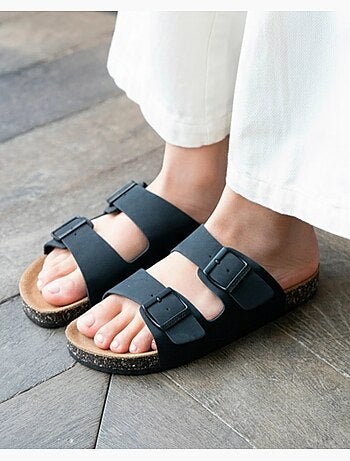 Sandalias con correas dobles ultra cómodas, plantilla de cuero isotoner