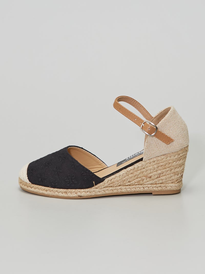 Sandalias con cuña bordado inglés NEGRO - Kiabi