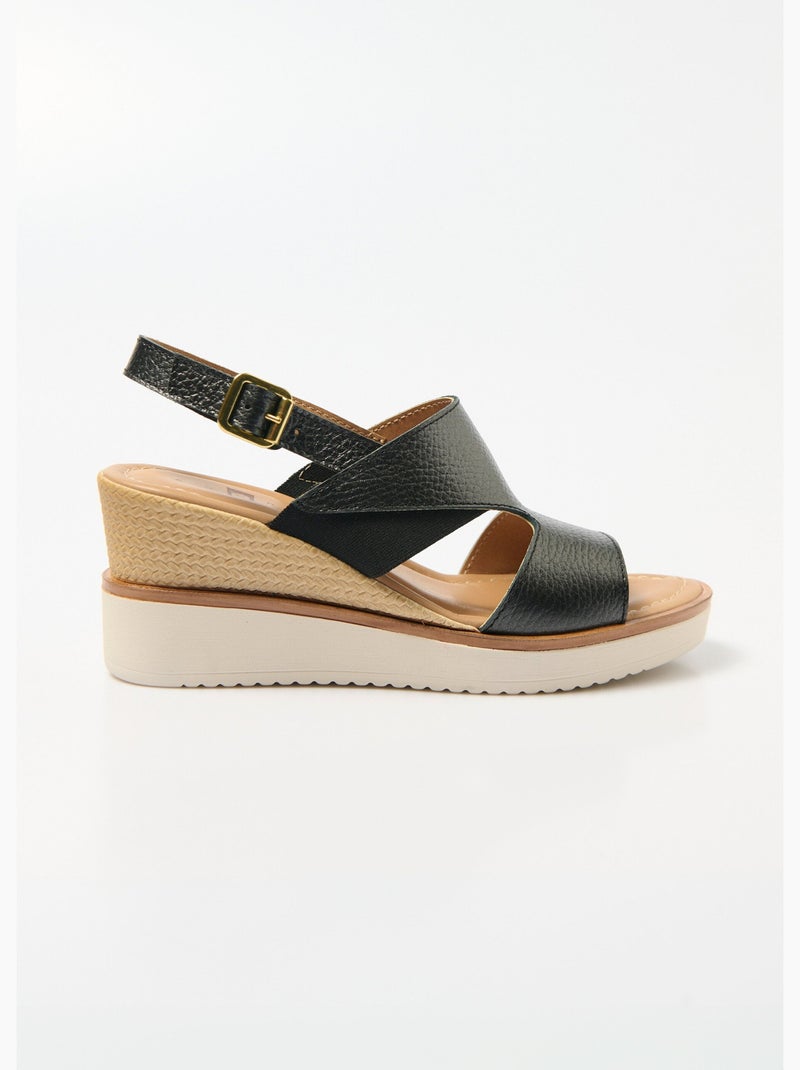 Sandalias cuña ancha confort piel - Afibel Negro - Kiabi