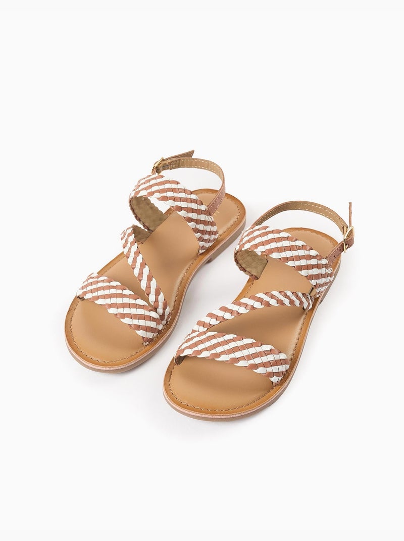 Sandalias de cuero con tiras trenzadas y acolchado Beige - Kiabi
