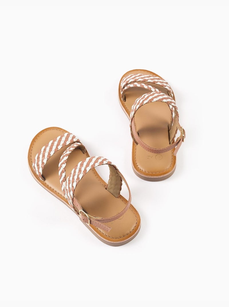 Sandalias de cuero con tiras trenzadas y acolchado Beige - Kiabi