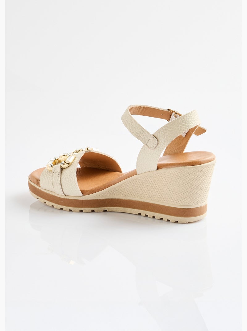 Sandalias de cuña anchas de piel elegantes y cómodas - Afibel Beige - Kiabi