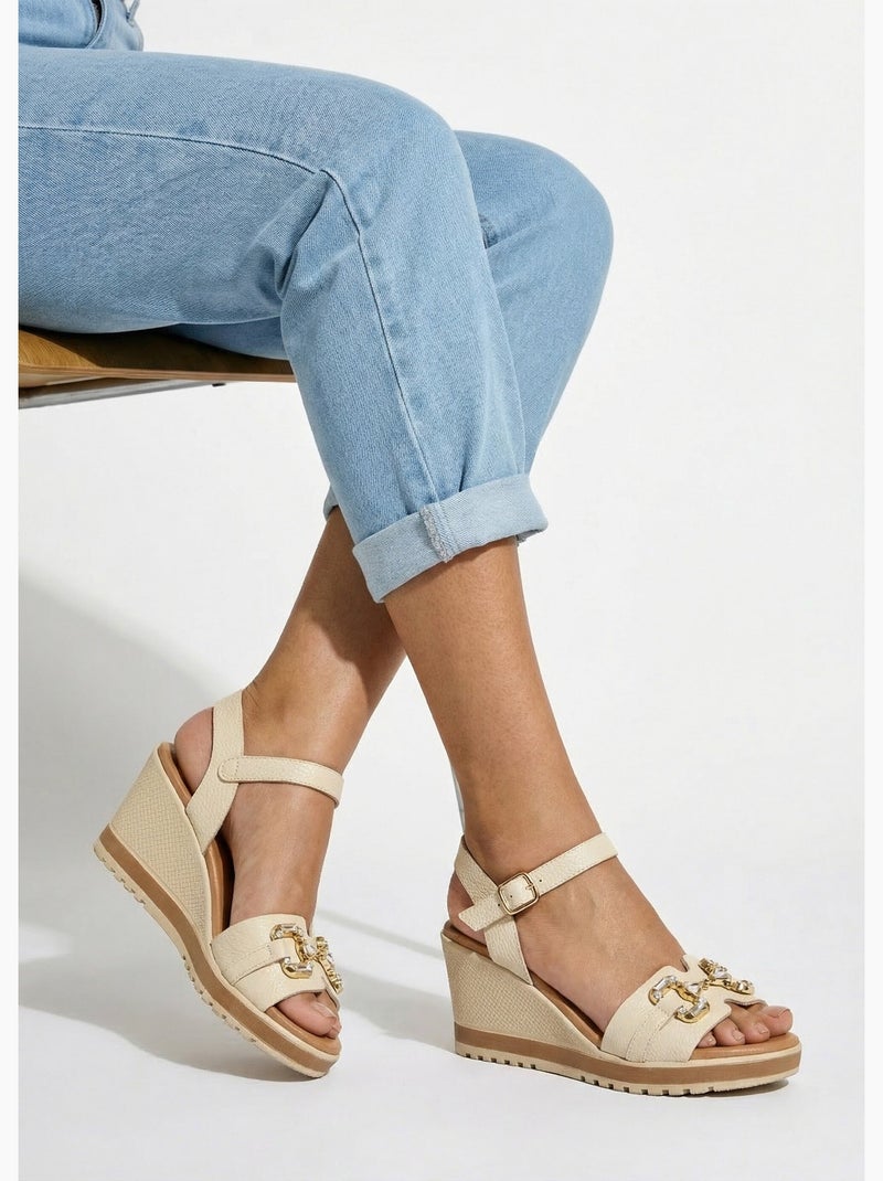 Sandalias de cuña anchas de piel elegantes y cómodas - Afibel Beige - Kiabi
