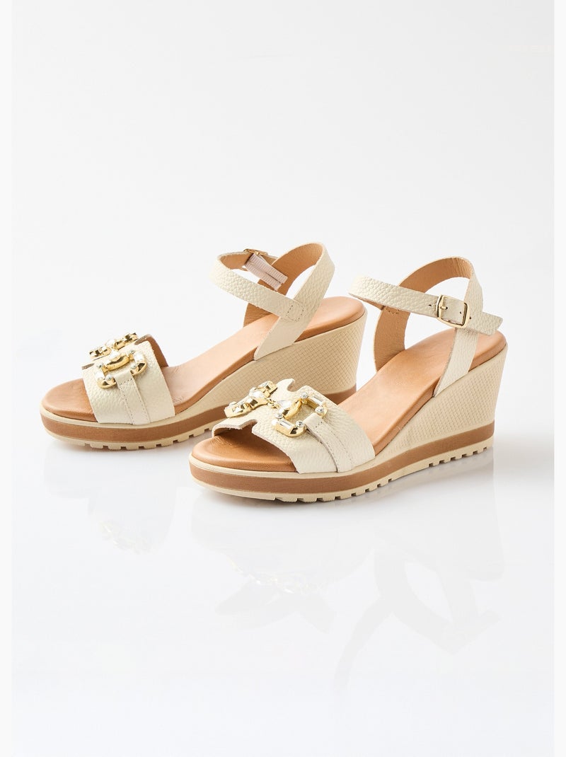 Sandalias de cuña anchas de piel elegantes y cómodas - Afibel Beige - Kiabi