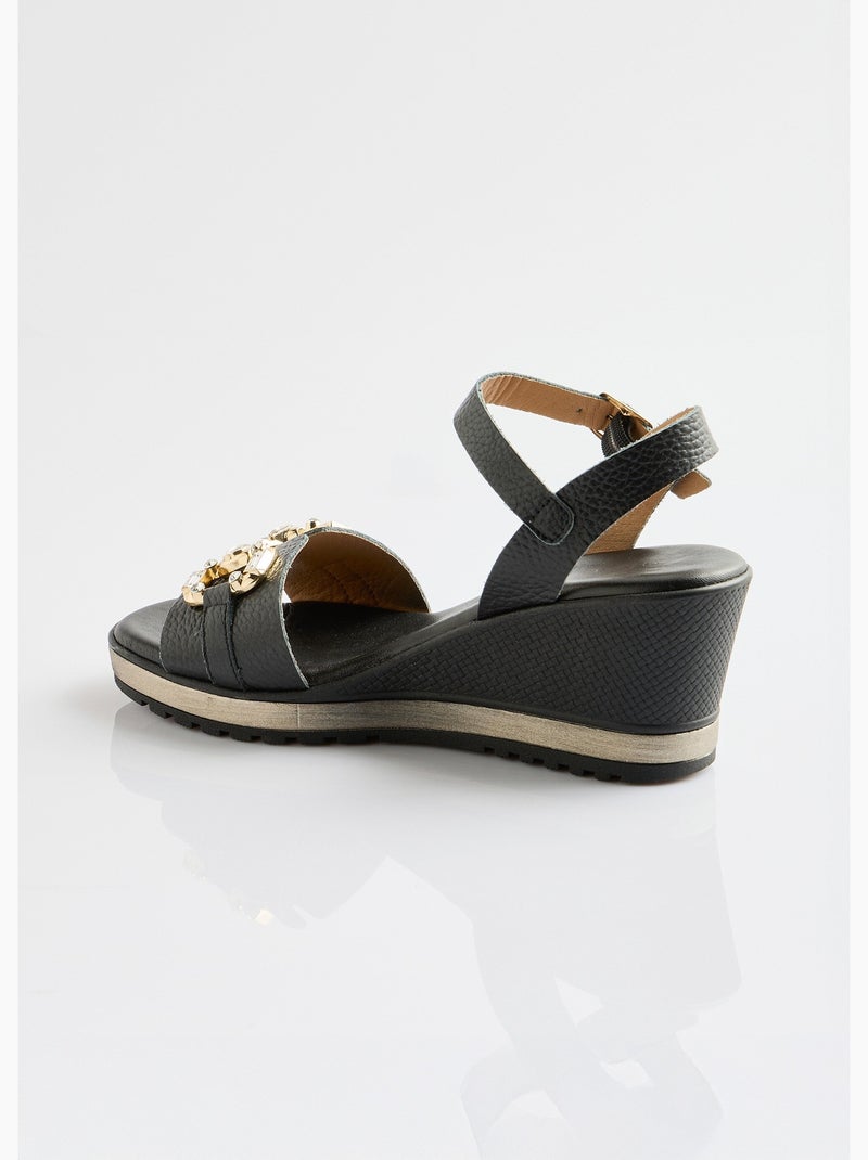 Sandalias de cuña anchas de piel elegantes y cómodas - Afibel Negro - Kiabi