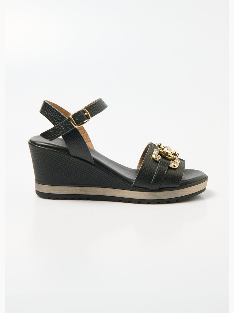 Sandalias de cuña anchas de piel elegantes y cómodas - Afibel Negro - Kiabi