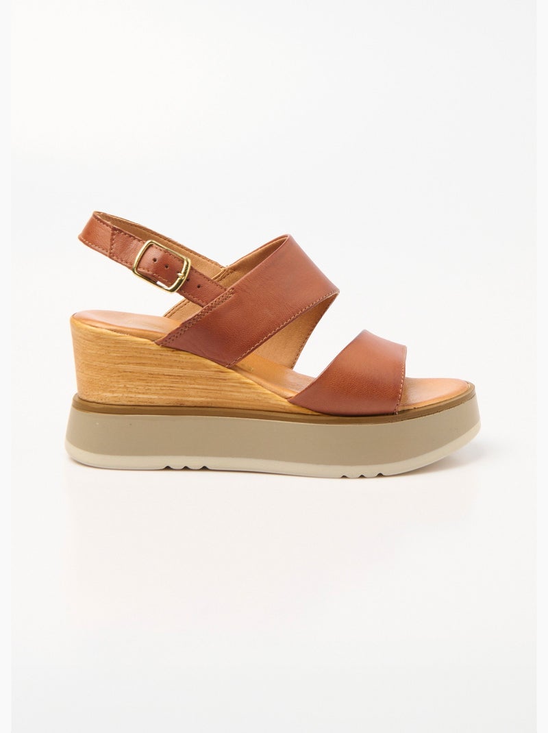 Sandalias de cuña de piel, tacón efecto madera - AFIBEL Marrón - Kiabi
