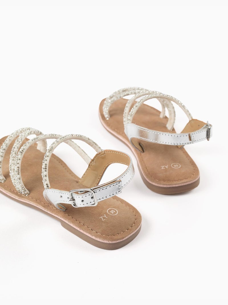 Sandalias de piel con tiras brillantes Gris - Kiabi