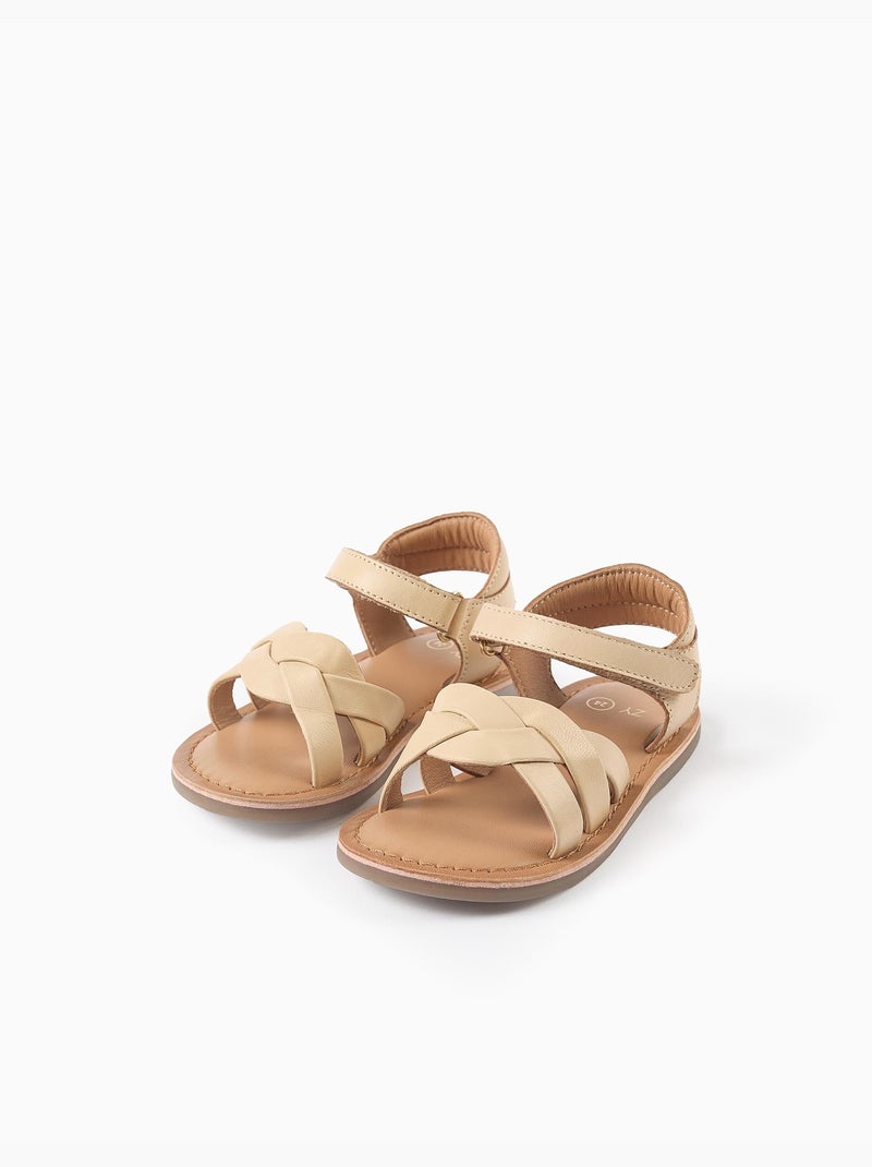 Sandalias de piel con tiras trenzadas y soporte en el talón Beige claro - Kiabi