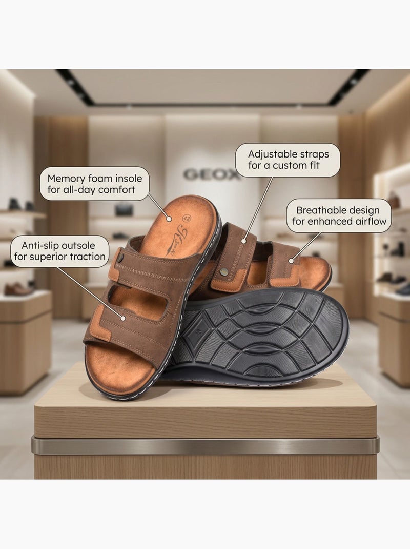 Sandalias hombre confort doble velcro suela memoria de forma OZABI Marrón - Kiabi