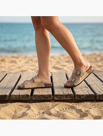 Sandalias Mule 2 Hebillas Nubuck Negro Beige Camel OZABI