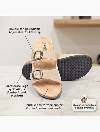 Sandalias Mule 2 Hebillas Nubuck Negro Beige Camel OZABI