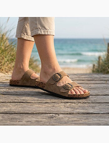 Sandalias Mule 2 Hebillas Nubuck Negro Beige Camel OZABI