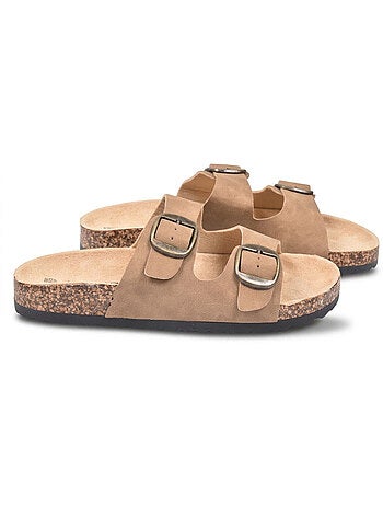 Sandalias Mule 2 Hebillas Nubuck Negro Beige Camel OZABI