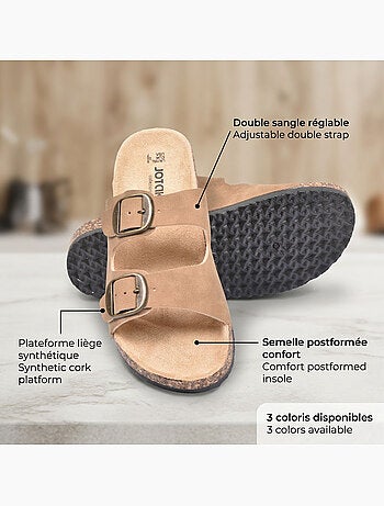 Sandalias Mule 2 Hebillas Nubuck Negro Beige Camel OZABI