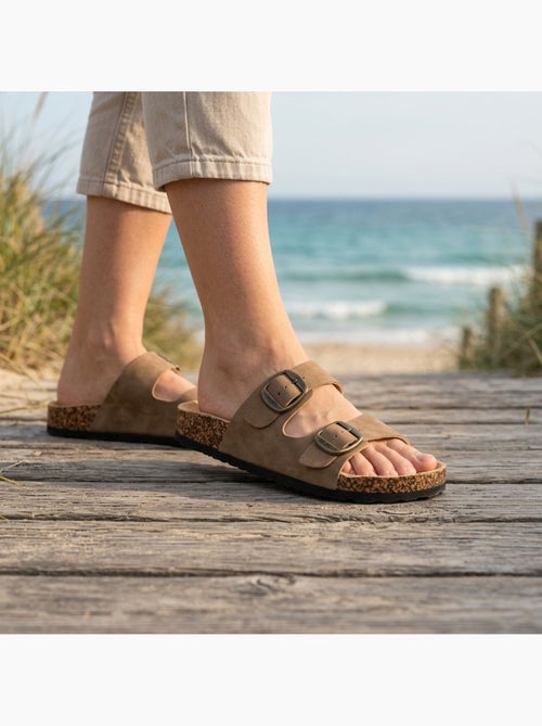 Sandalias Mule 2 Hebillas Nubuck Negro Beige Camel OZABI - Kiabi