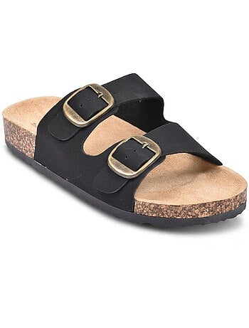 Sandalias Mule 2 Hebillas Nubuck Negro Beige Camel OZABI