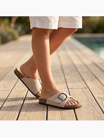 Sandalias Mule Hebilla Redonda Nubuck Negro Beige OZABI
