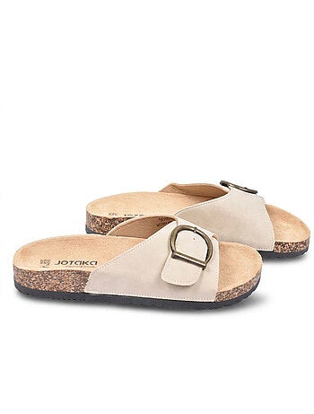 Sandalias Mule Hebilla Redonda Nubuck Negro Beige OZABI