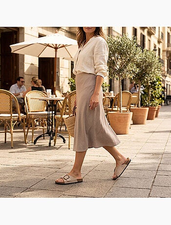 Sandalias Mule Hebilla Redonda Nubuck Negro Beige OZABI