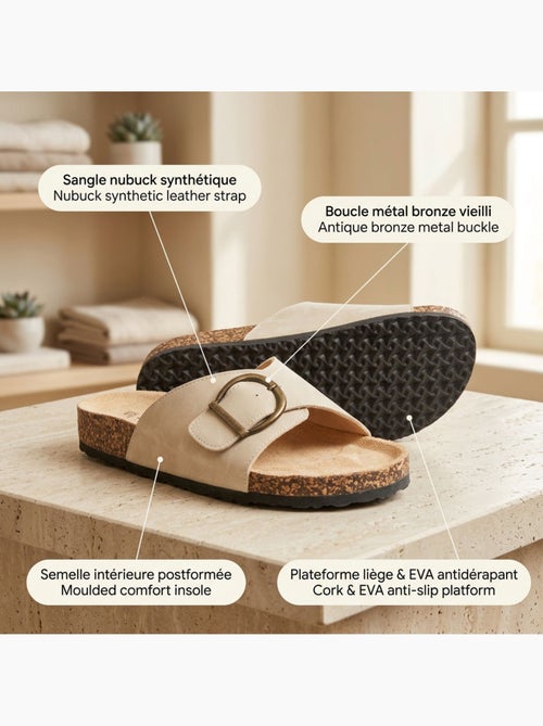 Sandalias Mule Hebilla Redonda Nubuck Negro Beige OZABI - Kiabi