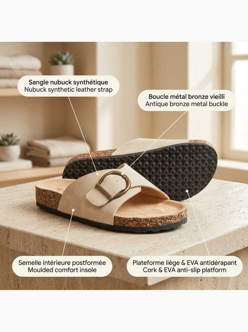 Sandalias Mule Hebilla Redonda Nubuck Negro Beige OZABI Beige - Kiabi
