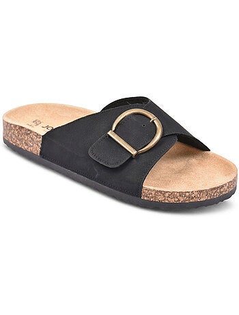 Sandalias Mule Hebilla Redonda Nubuck Negro Beige OZABI