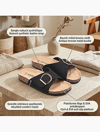 Sandalias Mule Hebilla Redonda Nubuck Negro Beige OZABI