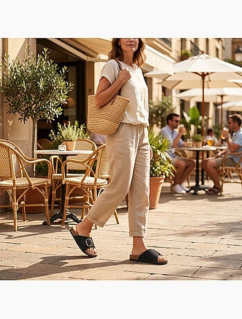 Sandalias Mule Hebilla Redonda Nubuck Negro Beige OZABI