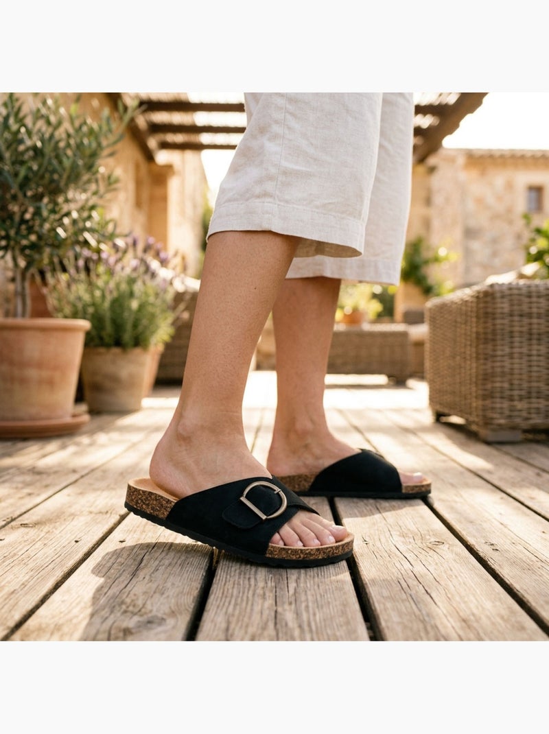 Sandalias Mule Hebilla Redonda Nubuck Negro Beige OZABI Negro - Kiabi
