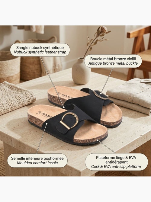 Sandalias Mule Hebilla Redonda Nubuck Negro Beige OZABI - Kiabi Sandalias Mule Hebilla Redonda Nubuck Negro Beige OZABI - Kiabi
