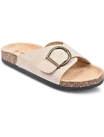 Sandalias Mule OZABI Nubuck Hebilla Redonda Negro Beige