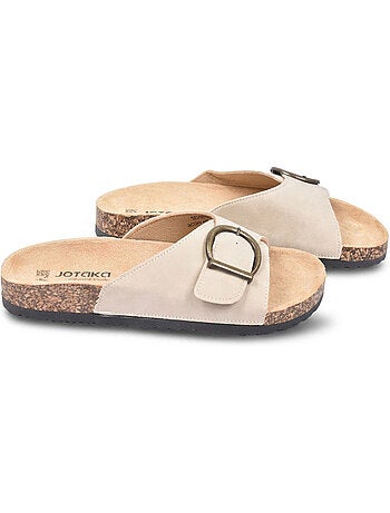 Sandalias Mule OZABI Nubuck Hebilla Redonda Negro Beige