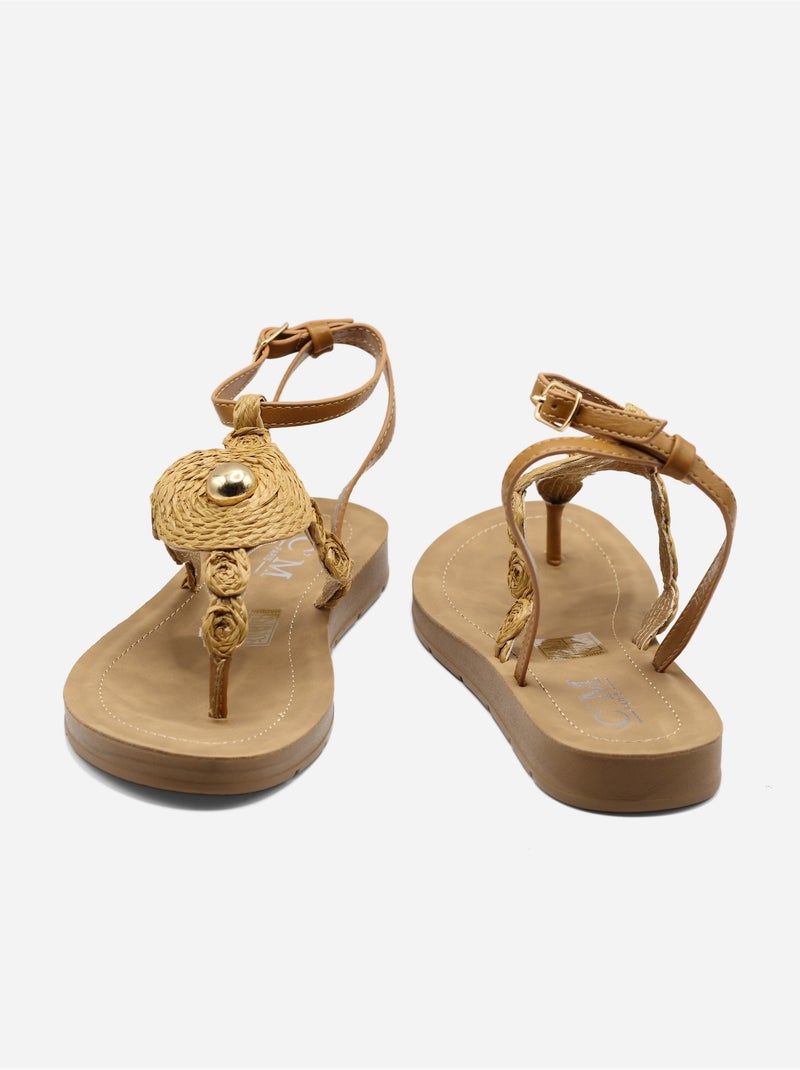 Sandalias planas con detalles de perlas Camel - Kiabi