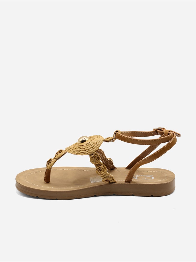 Sandalias planas con detalles de perlas Camel - Kiabi