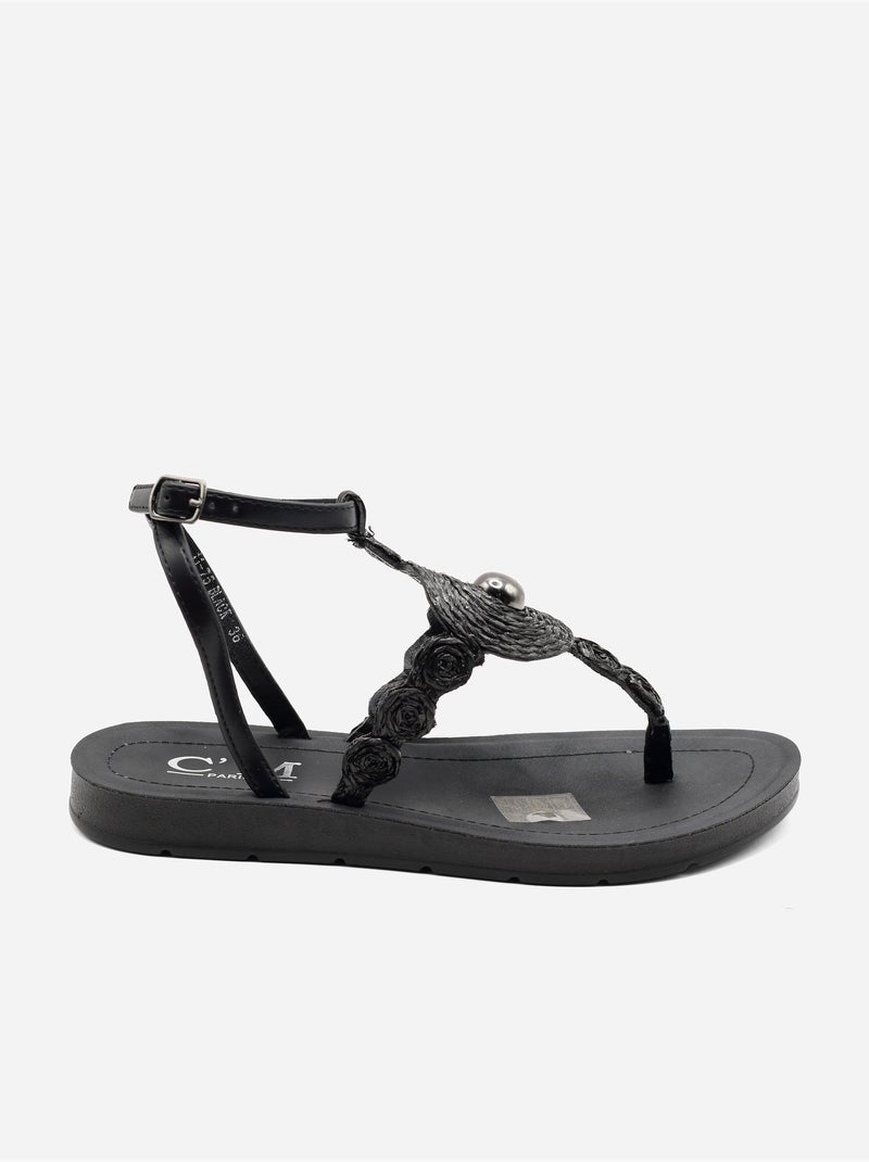 Sandalias planas con detalles de perlas Negro - Kiabi