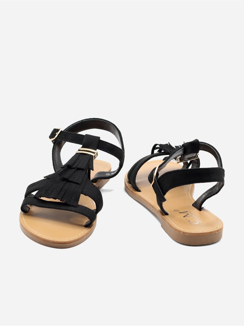 Sandalias planas con flecos Negro - Kiabi