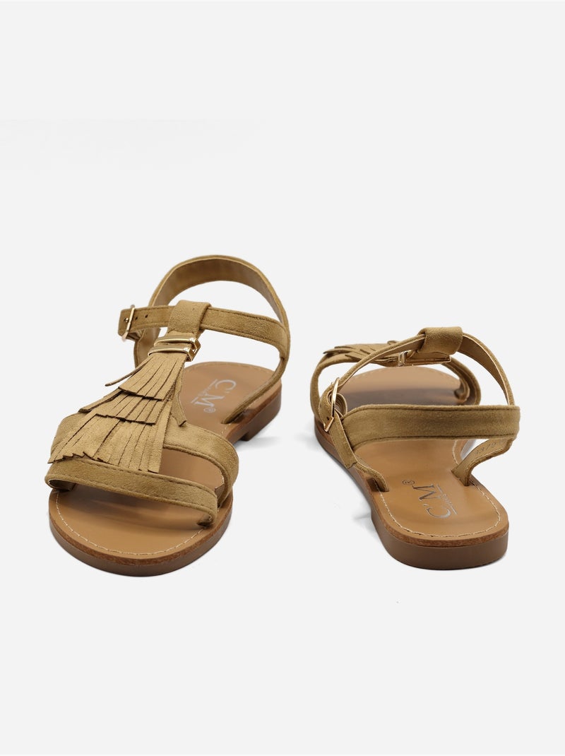 Sandalias planas con flecos Taupe - Kiabi