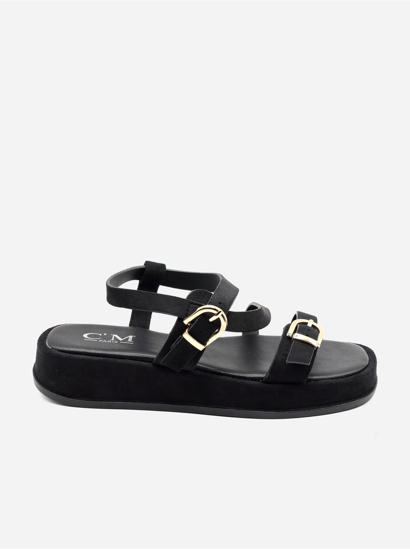Sandalias planas con tiras y hebilla Negro - Kiabi