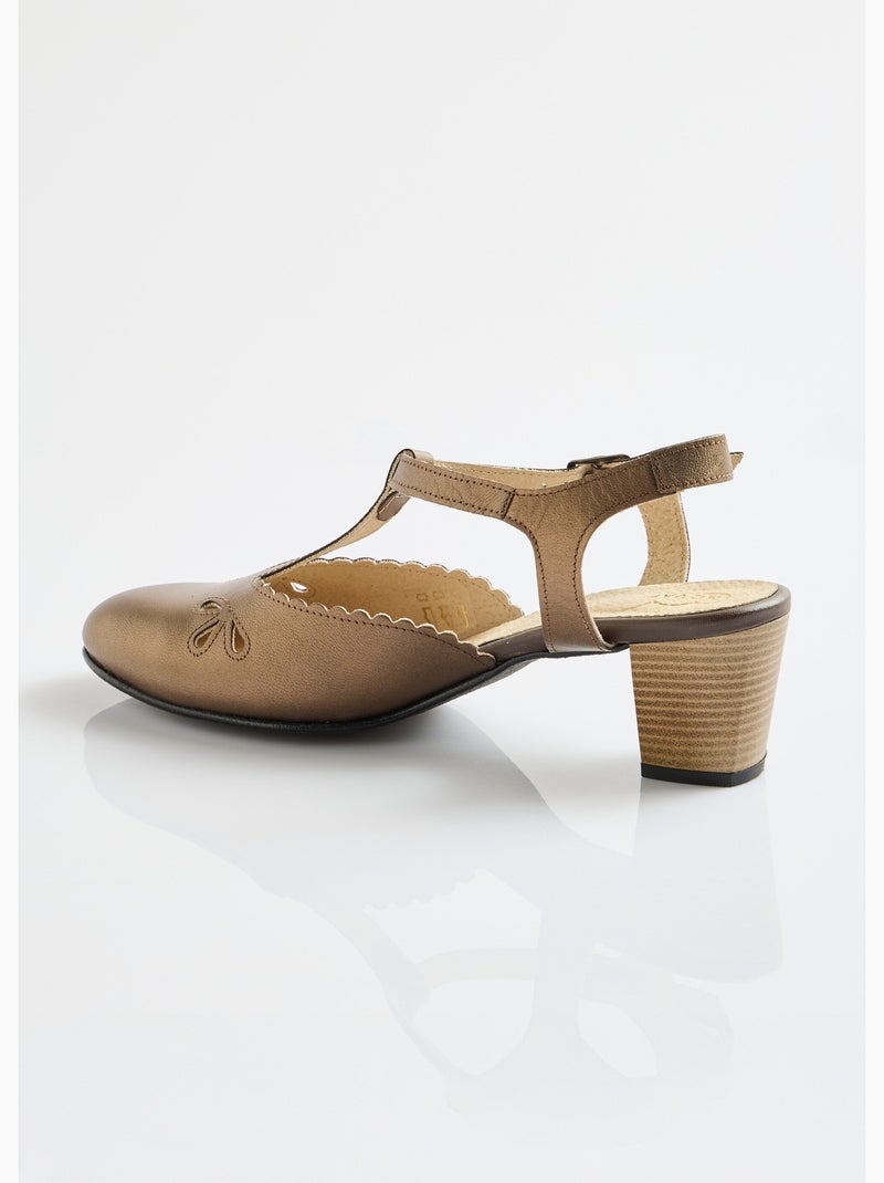 Sandalias salomé de piel con tacón alto y ancho confort - Afibel Bronce - Kiabi