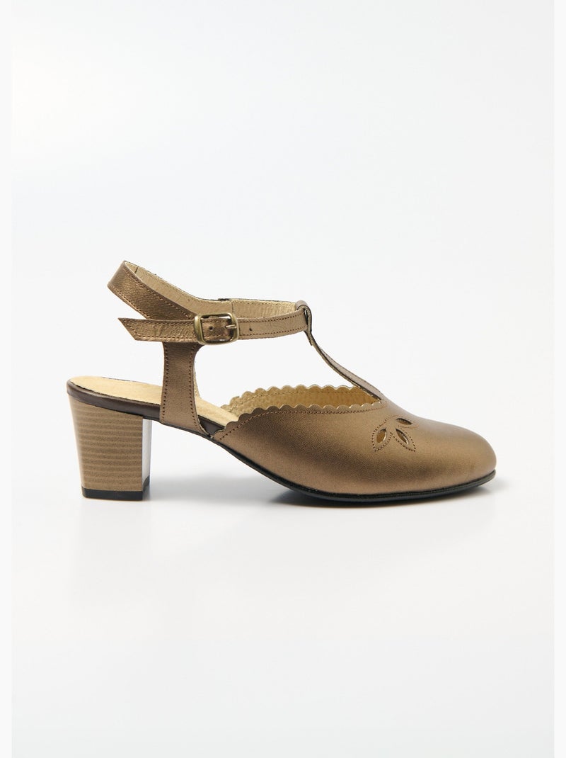 Sandalias salomé de piel con tacón alto y ancho confort - Afibel Bronce - Kiabi